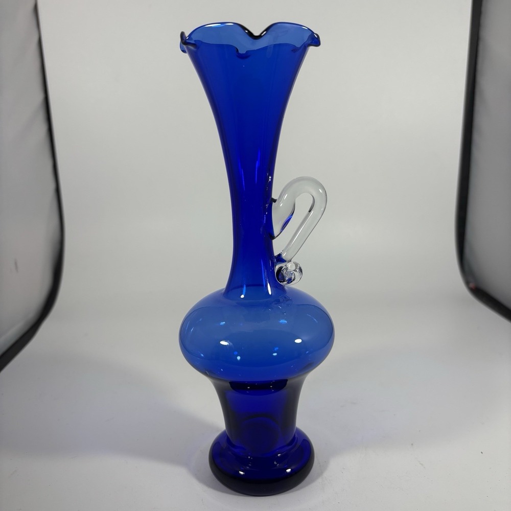 Hand Blown Glass Pitcher Blue Clear Handle Trumpet Ruffle Rim Mid Century 8 Inch